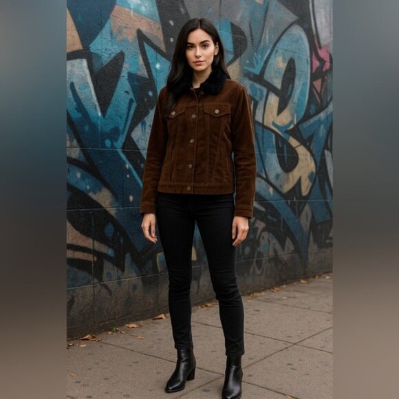 Y2K Barn Trucker Brown Corduroy Jacket with Black Faux Fur Collar Size XL - Picture 12 of 12